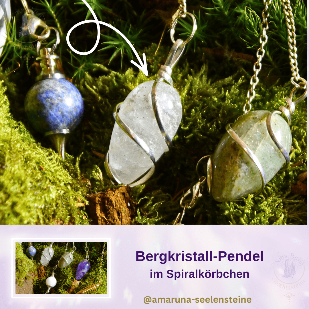 Klares Bergkristall-Pendel im Spiralkörbchen – fördert mentale Klarheit, Verstärkung und reine Energie.