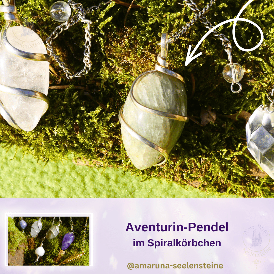 Grünes Aventurin-Pendel im Spiralkörbchen – fördert innere Balance, Gelassenheit und klare Herzensentscheidungen.