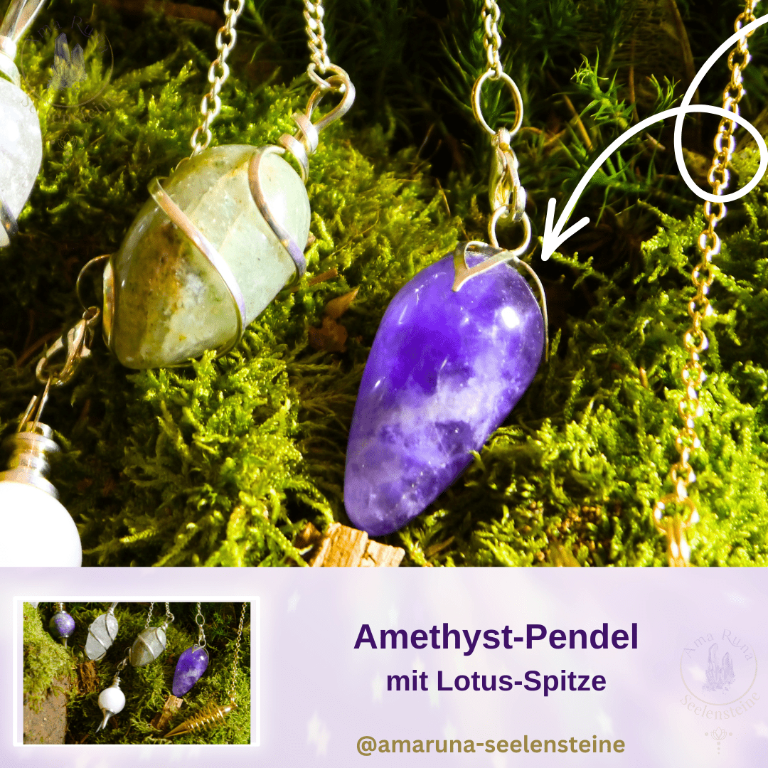 Amethyst-Pendel mit Lotus-Spitze – fördert Reinheit, Wachstum und spirituelle Öffnung und liegt angenehm in der Hand.