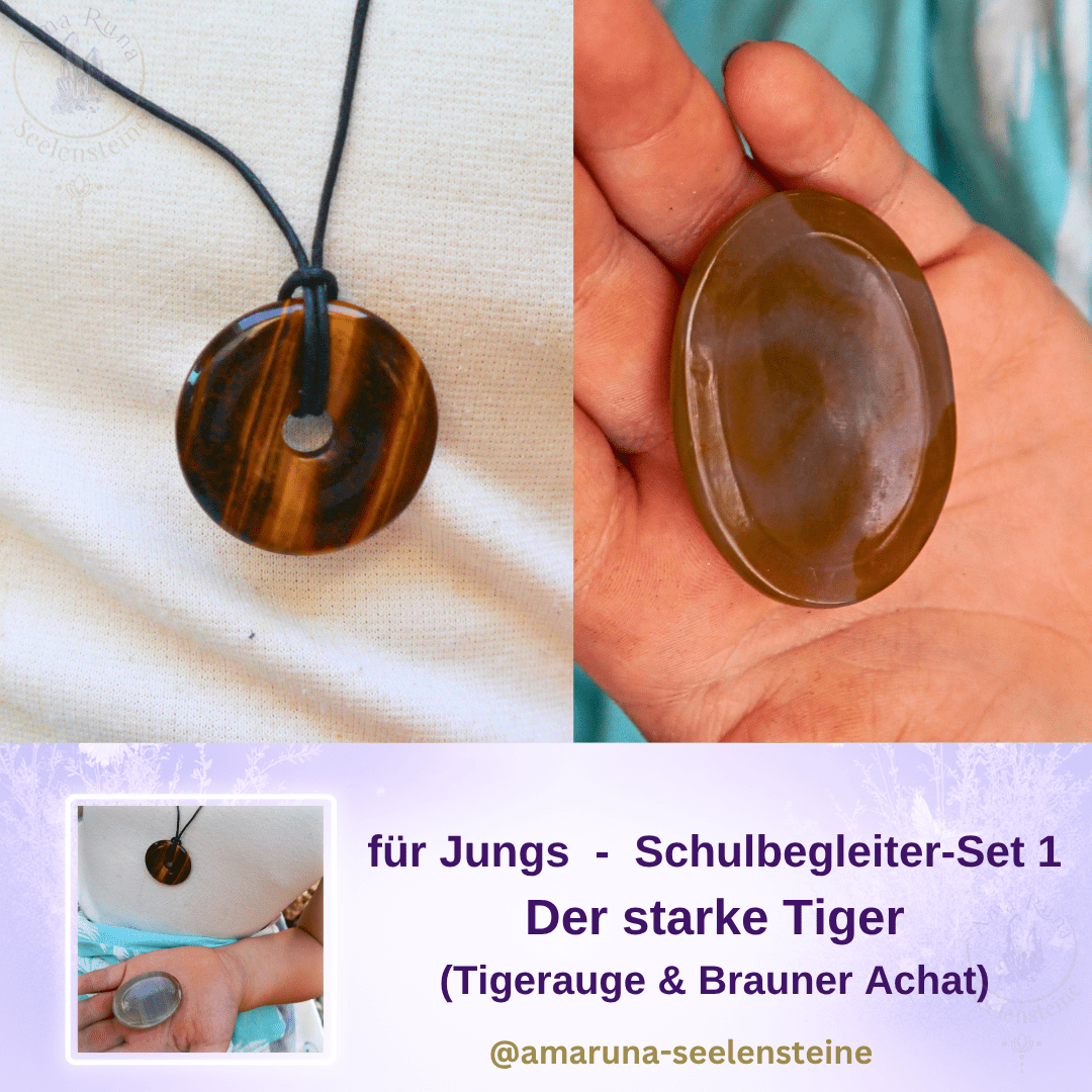 Schulbegleiter-Set 1 für Jungs – Tigerauge Donut und Brauner Achat Daumenstein für Mut, Selbstvertrauen und Erdung | AmaRuna Seelensteine