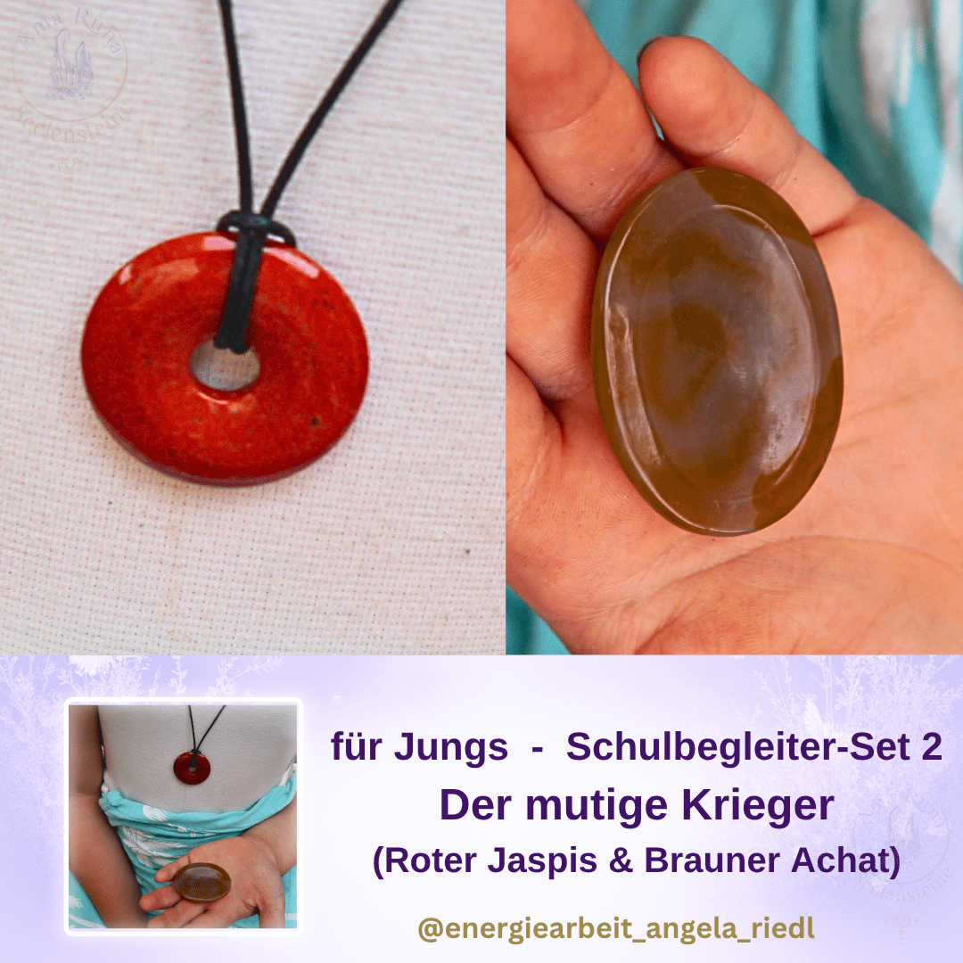 Schulbegleiter-Set 2 für Jungs – Roter Jaspis Donut und Brauner Achat Daumenstein für Mut, Stärke und Erdung | AmaRuna Seelensteine