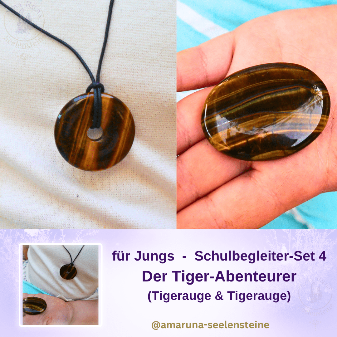 Schulbegleiter-Set 4 für Jungs – Tigerauge Donut und Tigerauge Daumenstein für Mut, Selbstvertrauen und Abenteuerlust | AmaRuna Seelensteine