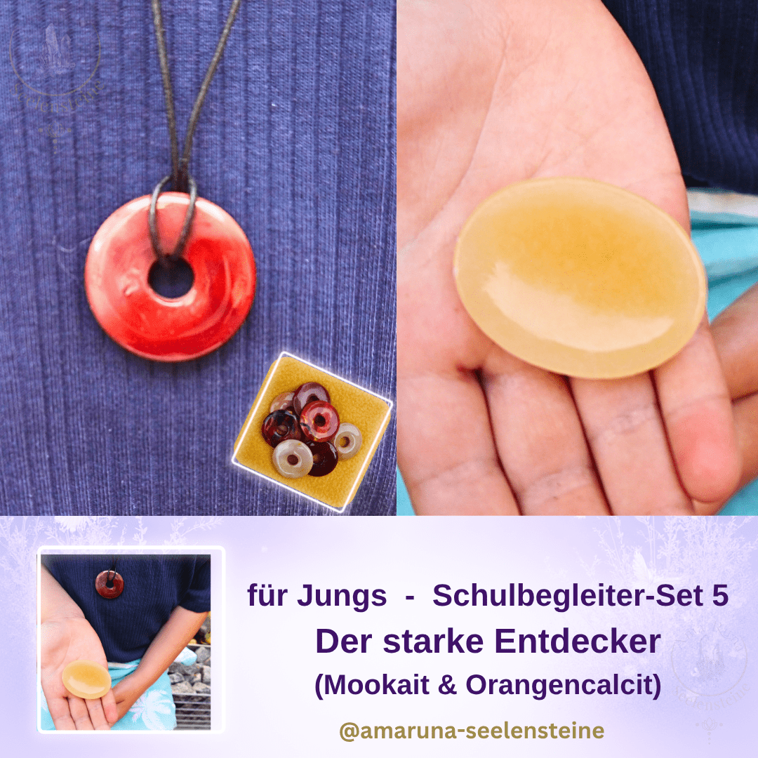 Schulbegleiter-Set 5 für Jungs – Mookait Donut und Orangencalcit Daumenstein für Lebensfreude, Energie und Entdeckergeist | AmaRuna Seelensteine