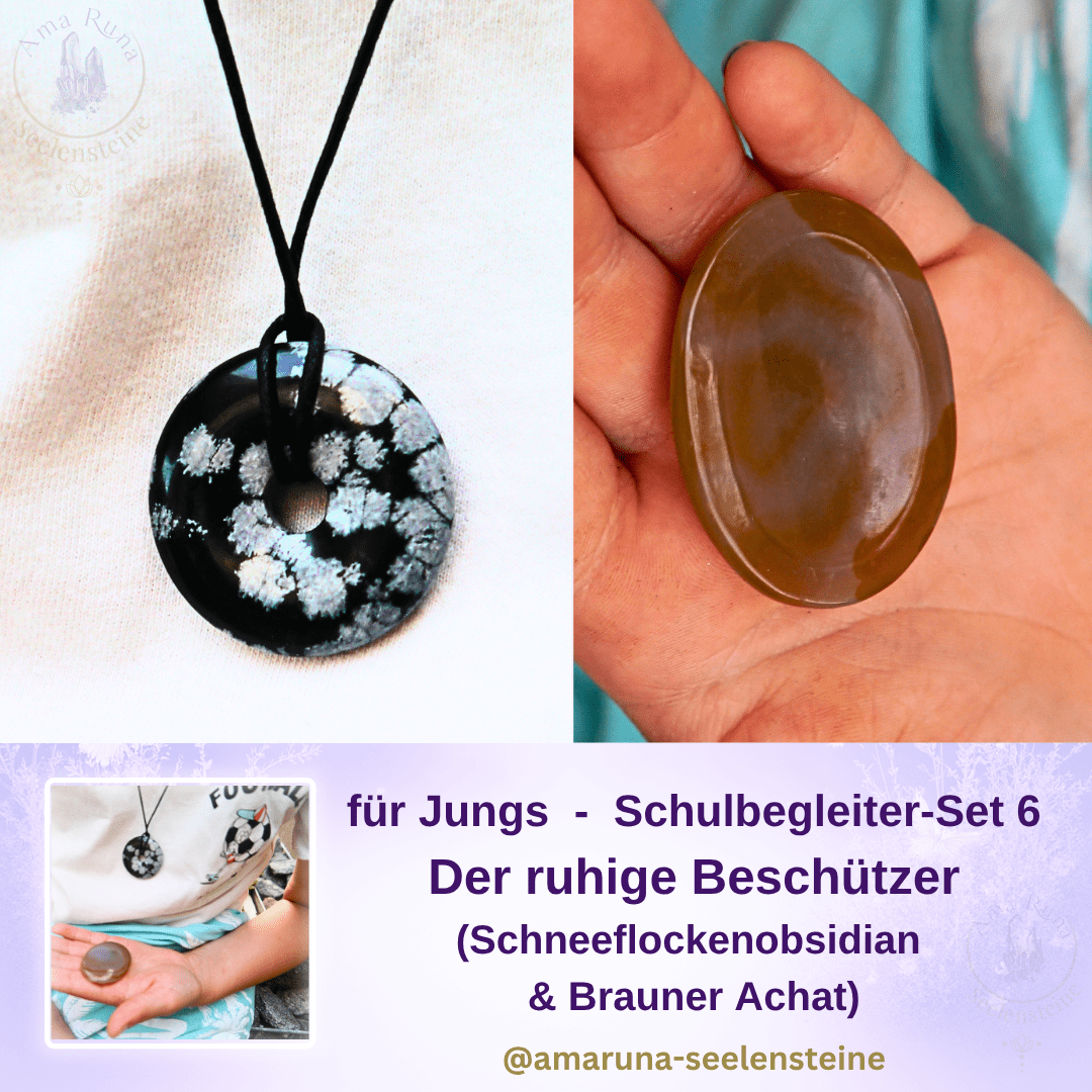 Schulbegleiter-Set 6 für Jungs – Schneeflockenobsidian Donut und Brauner Achat Daumenstein für Schutz, innere Ruhe und Erdung | AmaRuna Seelensteine