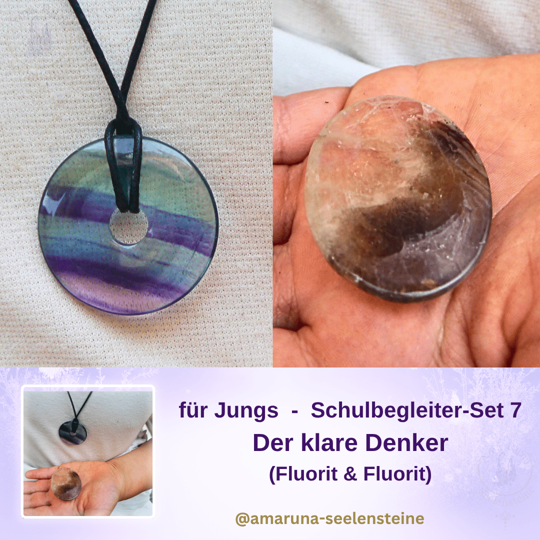 Schulbegleiter-Set 7 für Jungs – Fluorit Donut und Fluorit Daumenstein für Konzentration und klaren Kopf | AmaRuna Seelensteine
