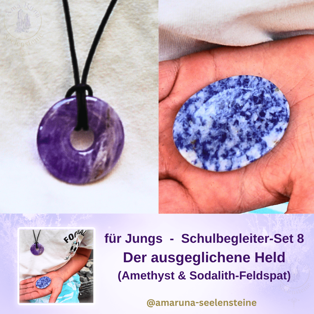 Schulbegleiter-Set 8 für Jungs – Amethystquarz Donut und Sodalith Daumenstein für innere Ruhe und mentale Klarheit | AmaRuna Seelensteine