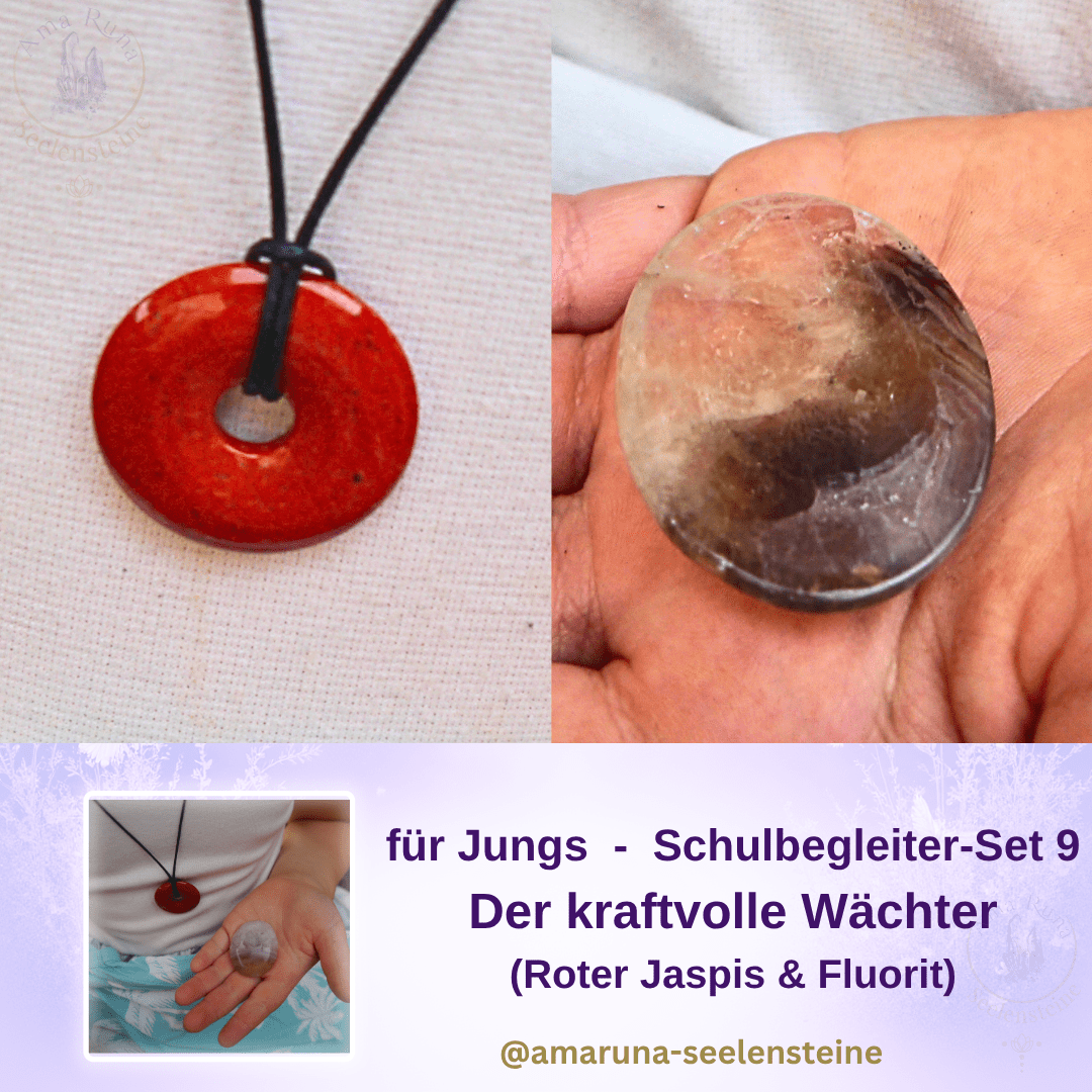 Schulbegleiter-Set 9 für Jungs – Roter Jaspis Donut und Fluorit Daumenstein für Kraft, Mut und Fokus | AmaRuna Seelensteine