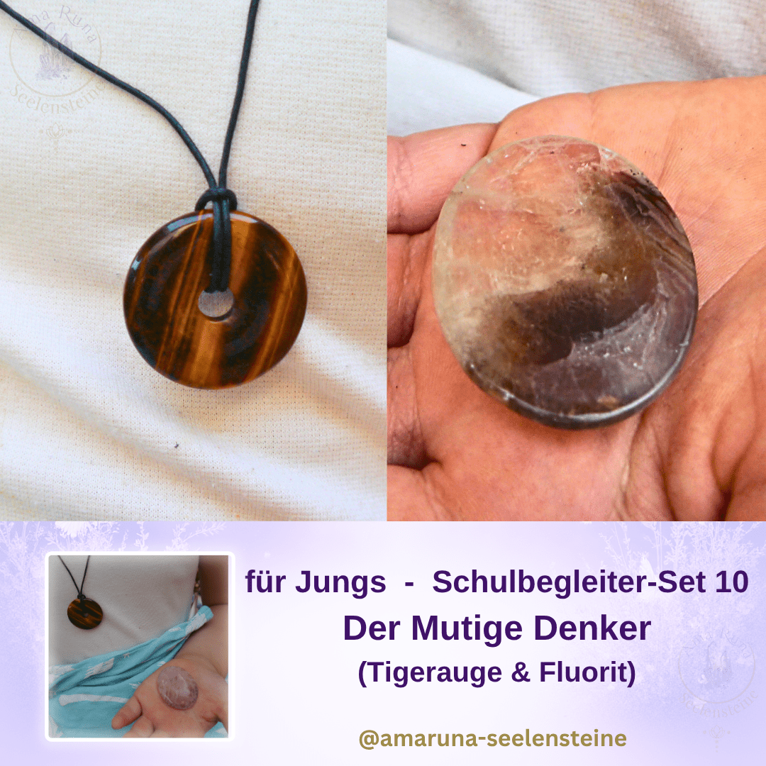 Schulbegleiter-Set 10 für Jungs – Tigerauge Donut und Fluorit Daumenstein für Mut, Selbstvertrauen und Konzentration | AmaRuna Seelensteine