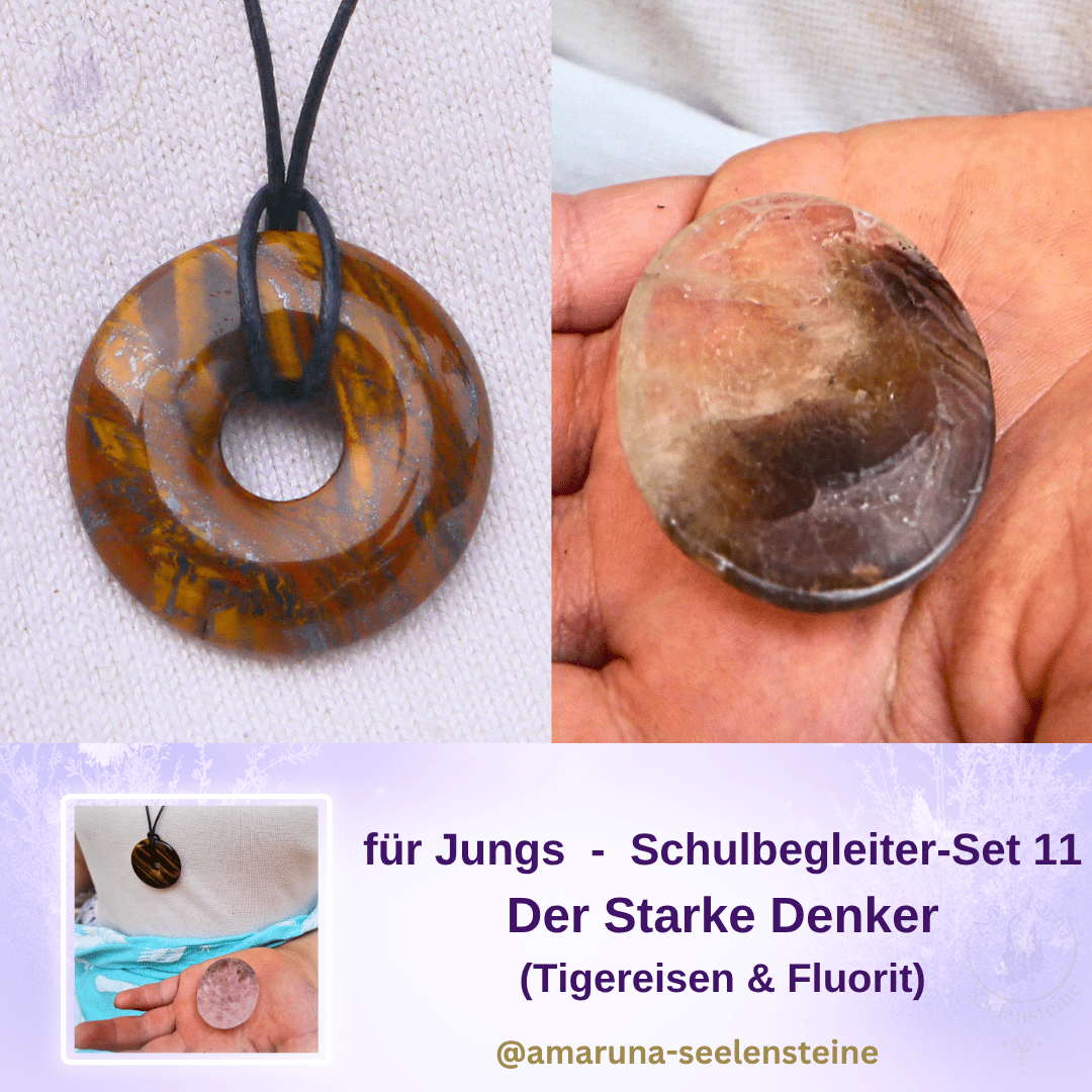 Schulbegleiter-Set 11 für Jungs – Tigereisen Donut und Fluorit Daumenstein für Kraft, Mut und klaren Fokus | AmaRuna Seelensteine