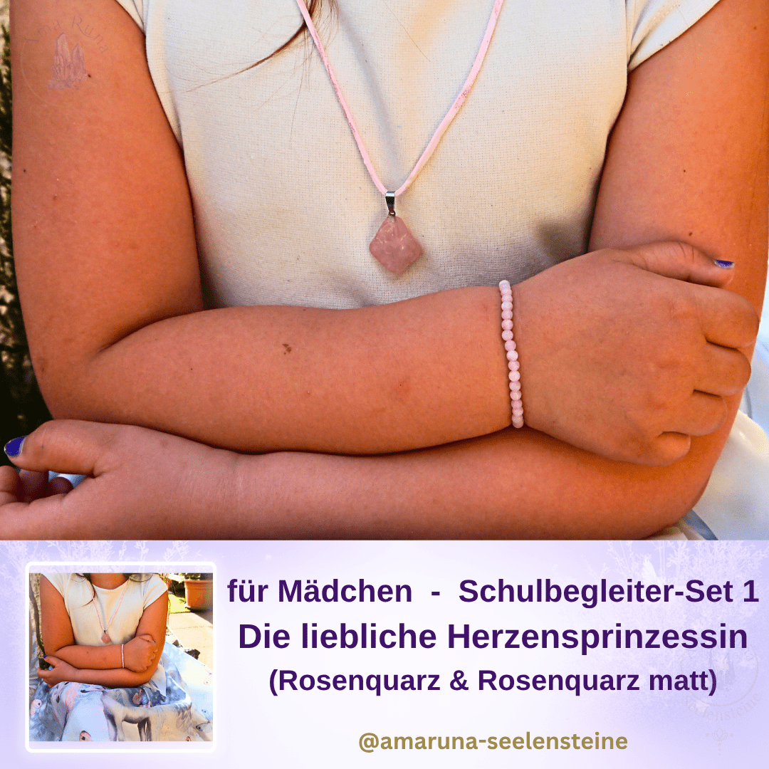 Zarter Rosenquarz-Anhänger an feiner Kette und Rosenquarz-Armband am Handgelenk – Schulbegleiter-Set Die Liebliche Herzensprinzessin für Mädchen