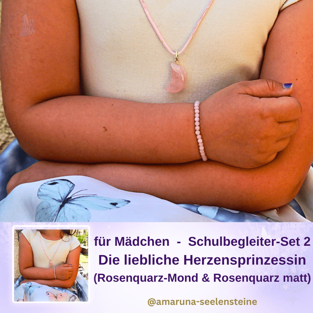 Zarter Rosenquarz-Mond Anhänger an feiner Kette und Rosenquarz-Armband am Handgelenk – Schulbegleiter-Set Die Liebliche Herzensprinzessin für Mädchen