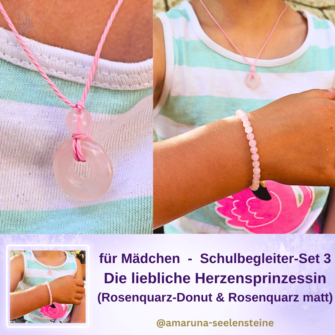 Zarter Rosenquarz-Donut Anhänger an rosa Band und Rosenquarz-Armband am Handgelenk – Schulbegleiter-Set Die Liebliche Herzensprinzessin für Mädchen