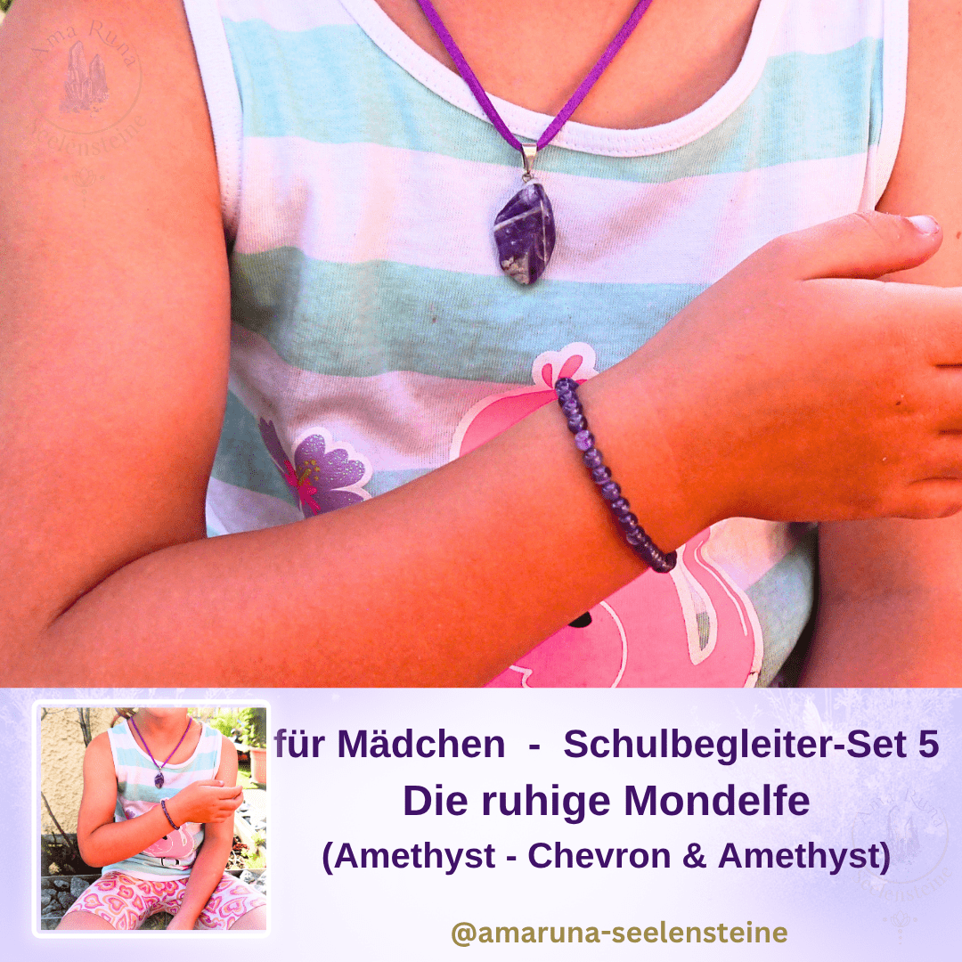Amethyst-Chevron Anhänger an Kette und Amethyst-Armband am Handgelenk – Schulbegleiter-Set Die Ruhige Mondelfe für Mädchen