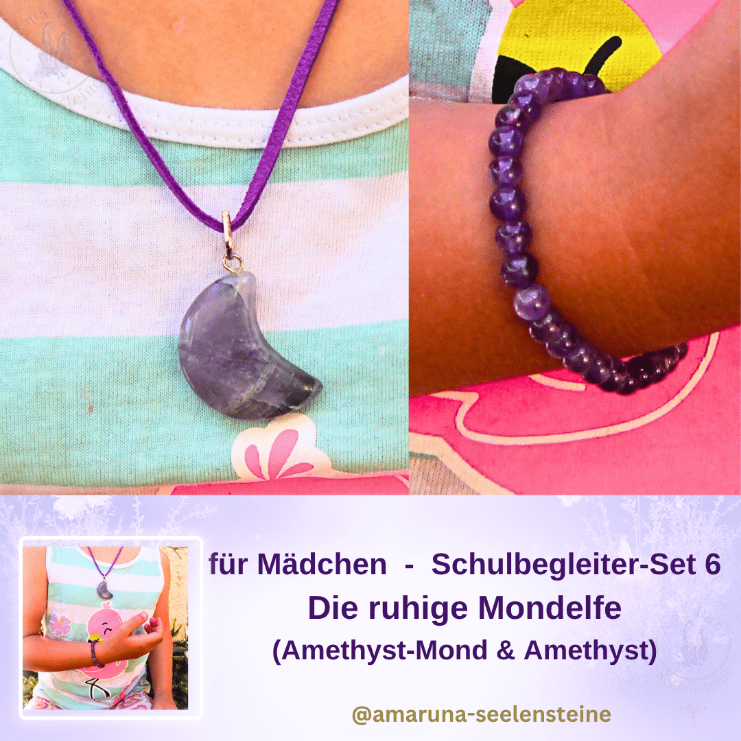 Amethyst-Mond Anhänger an lila Band und Amethyst-Armband am Handgelenk – Schulbegleiter-Set Die Ruhige Mondelfe für Mädchen