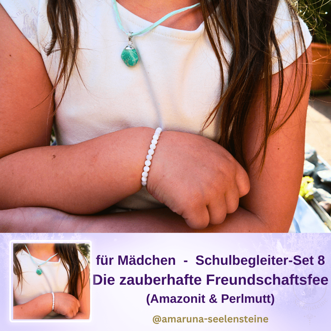 Amazonit-Anhänger an Kette und Perlmutt-Armband am Handgelenk – Schulbegleiter-Set Die Zauberhafte Freundschaftsfee für Mädchen