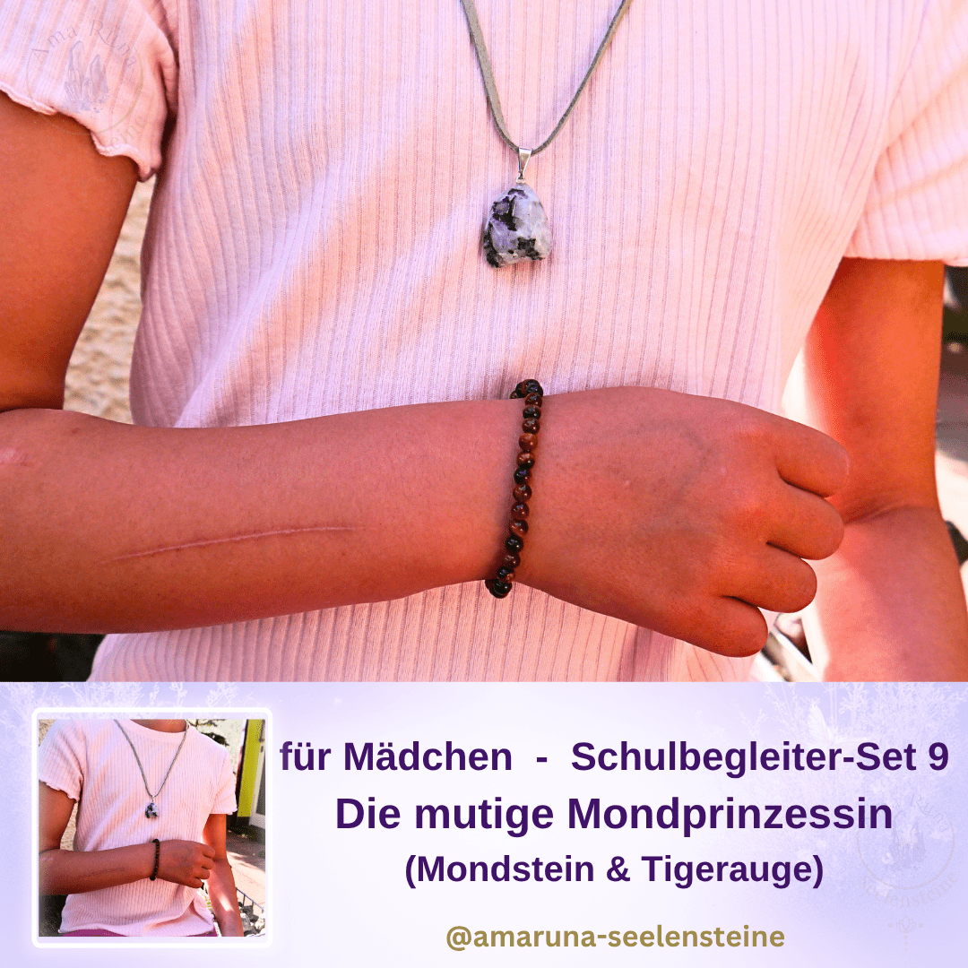 Mondstein-Anhänger an Kette und Tigerauge-Armband am Handgelenk – Schulbegleiter-Set Die Mutige Mondprinzessin für Mädchen