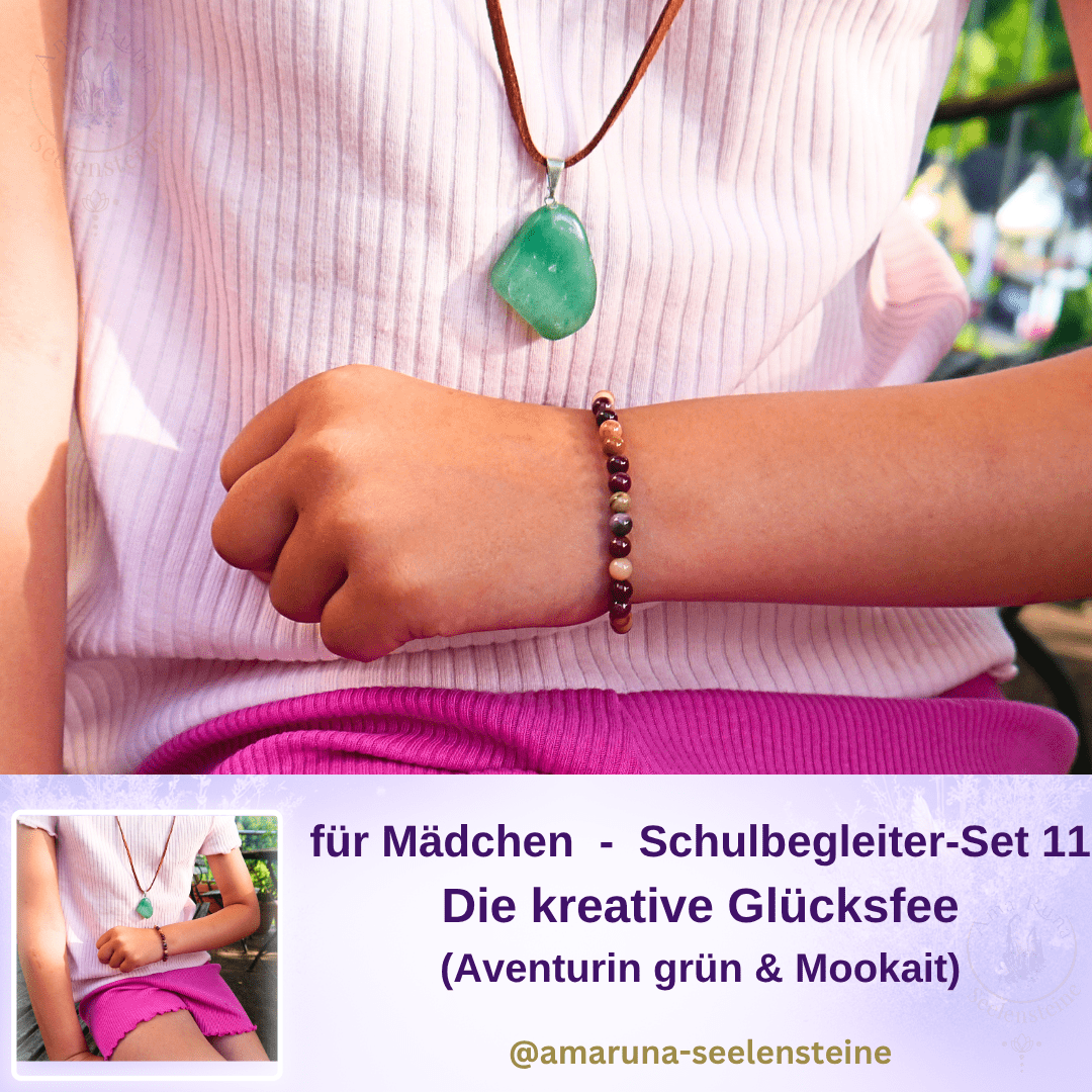 Grüner Aventurin Anhänger an Kette und farbenfrohes Mookait-Armband am Handgelenk – Schulbegleiter-Set Die Kreative Glücksfee für Mädchen