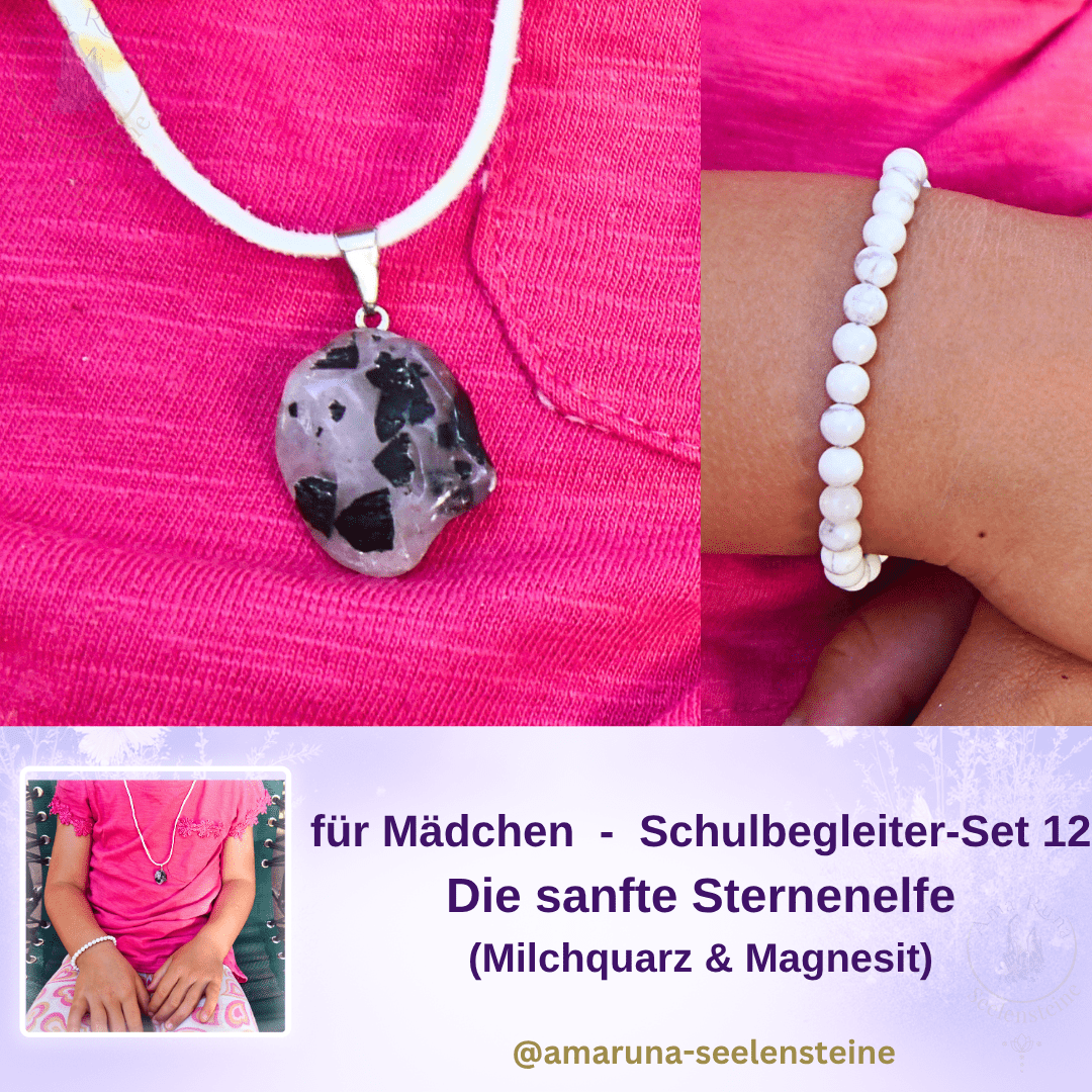 Milchquarz-Anhänger an weißer Kette und Magnesit-Armband am Handgelenk – Schulbegleiter-Set Die Sanfte Sternenelfe für Mädchen
