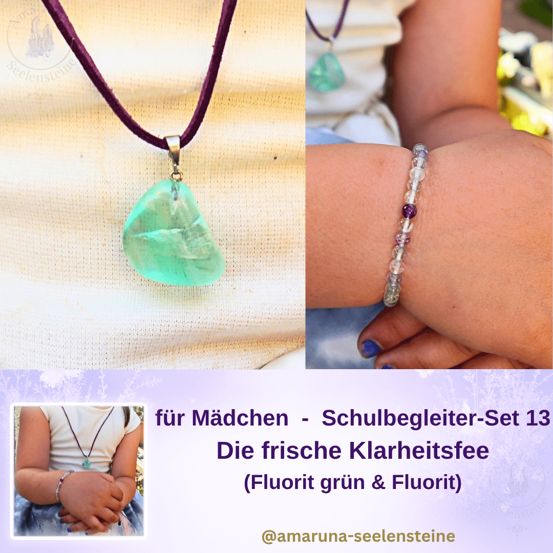 Grünes Fluorit Anhänger an lila Band und farbenfrohes Fluorit Armband am Handgelenk – Schulbegleiter-Set Die Frische Klarheitsfee für Mädchen