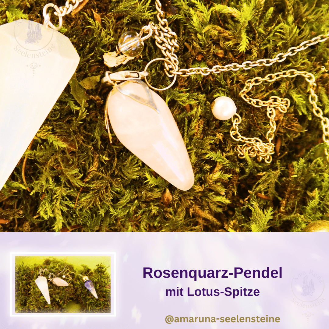 Sanftes Rosenquarz-Pendel mit Lotus-Spitze – fördert herzbasierte Antworten, Selbstliebe und Vertrauen in die innere Stimme.