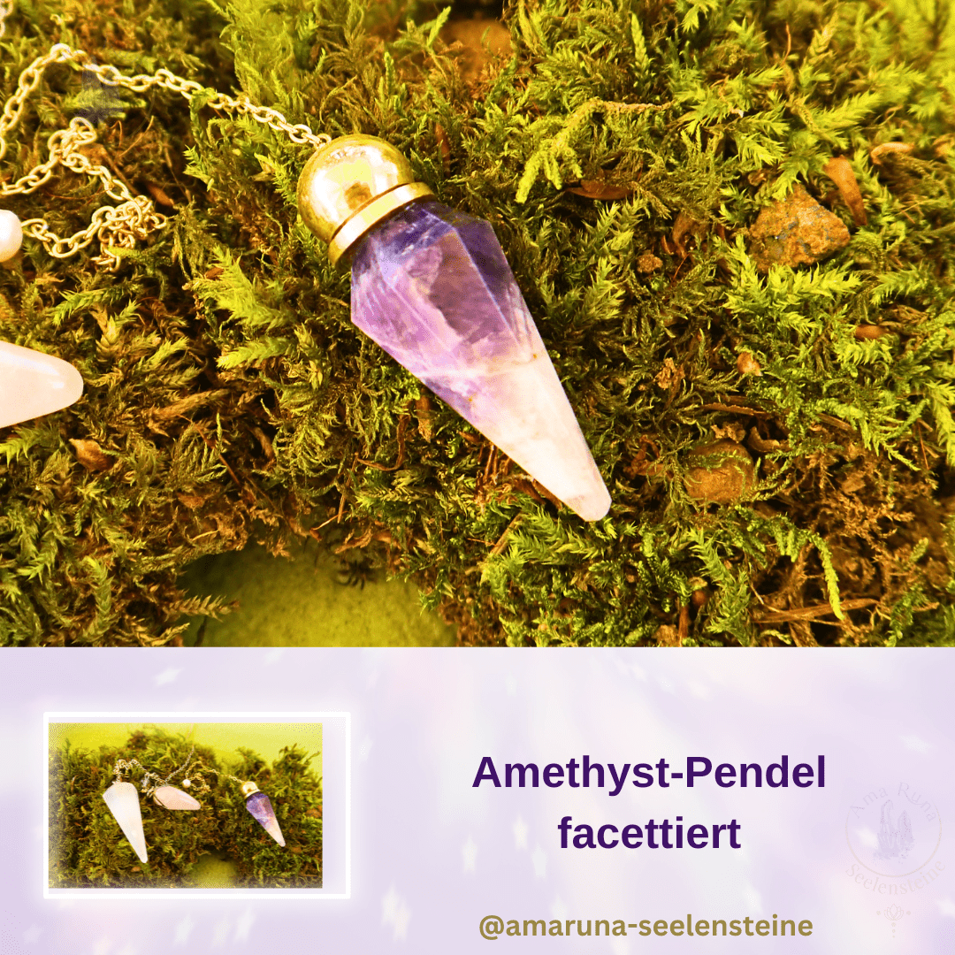 Facettiertes Amethyst-Pendel – fördert ruhige, klare Antworten aus dem höheren Selbst und stärkt das Vertrauen in die eigene Intuition.