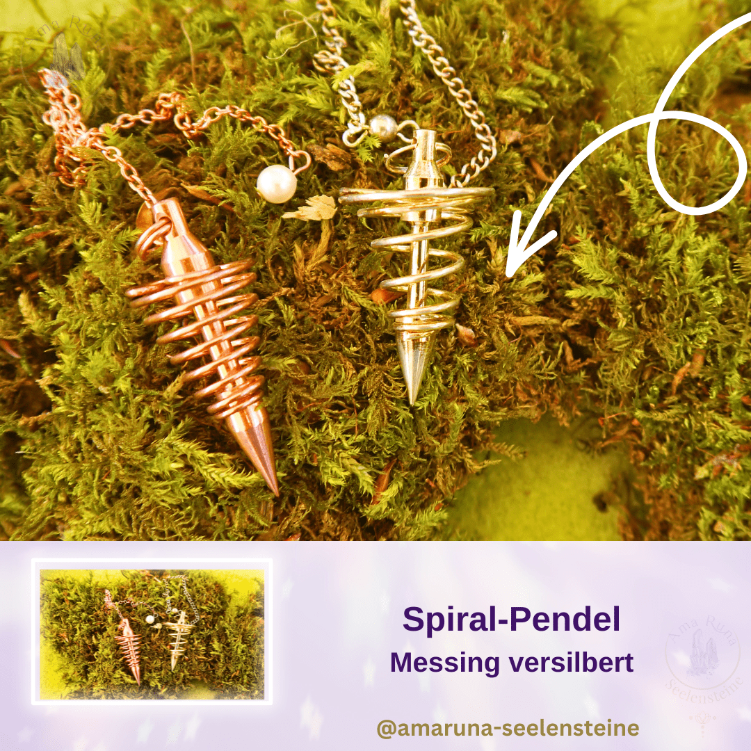 Feines Spiral-Pendel aus versilbertem Messing – fördert klare Einsichten bei inneren Themen und Entwicklungsfragen.