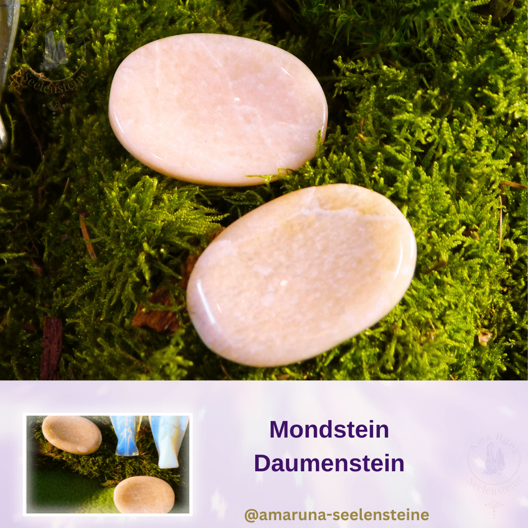Zarter pfirsichfarbener Mondstein Daumenstein – fördert Intuition, emotionale Balance und innere Weisheit und unterstützt das weibliche Prinzip.