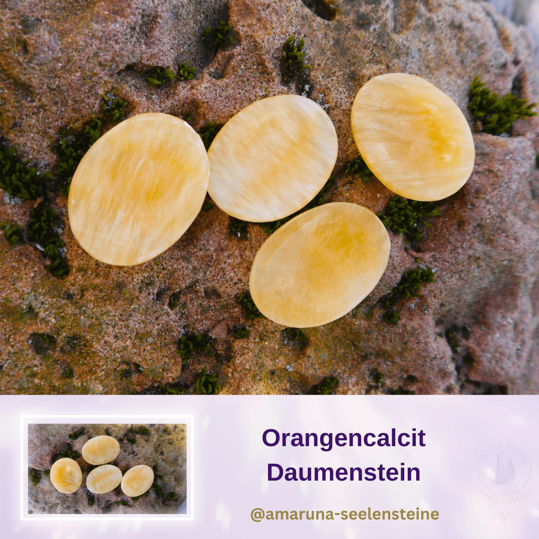 Sonnig-oranger Orangencalcit Daumenstein – fördert Lebensenergie, Kreativität und Freude und hilft bei Antriebslosigkeit.