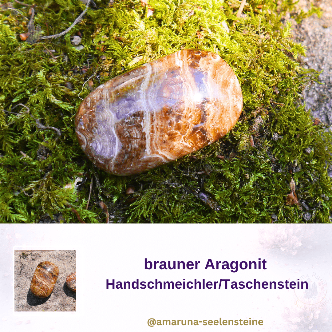 Brauner Aragonit-Taschenstein mit natürlichen Bändern – fördert Erdung, innere Stabilität und Gelassenheit und beruhigt bei Unruhe.
